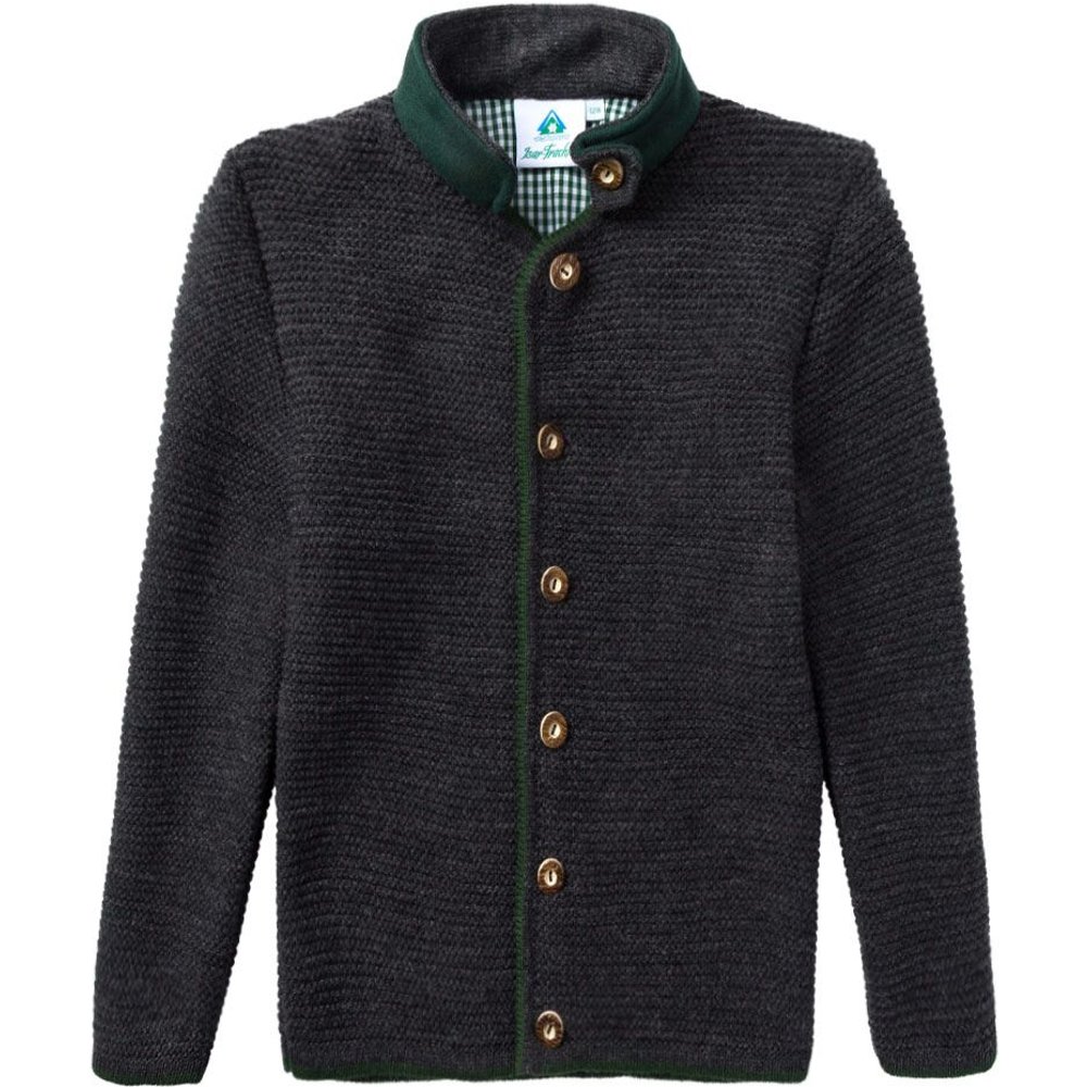Jungen Trachten Strickjacke in Anthrazit-Grün mit Hirschhornknöpfen von Moser für das Volksfest