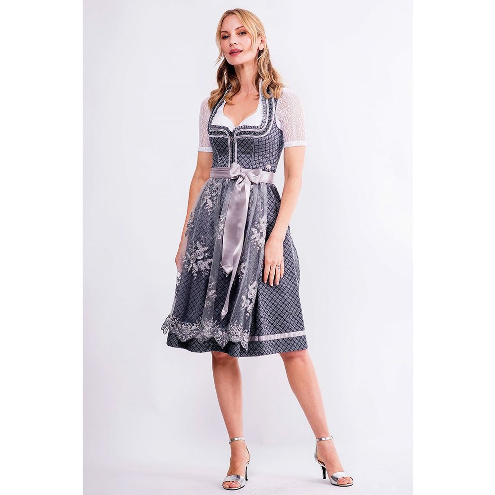 Midi Dirndl Larissa Anthrazit Silber von MOSER mit Tüllschürze für Volksfest