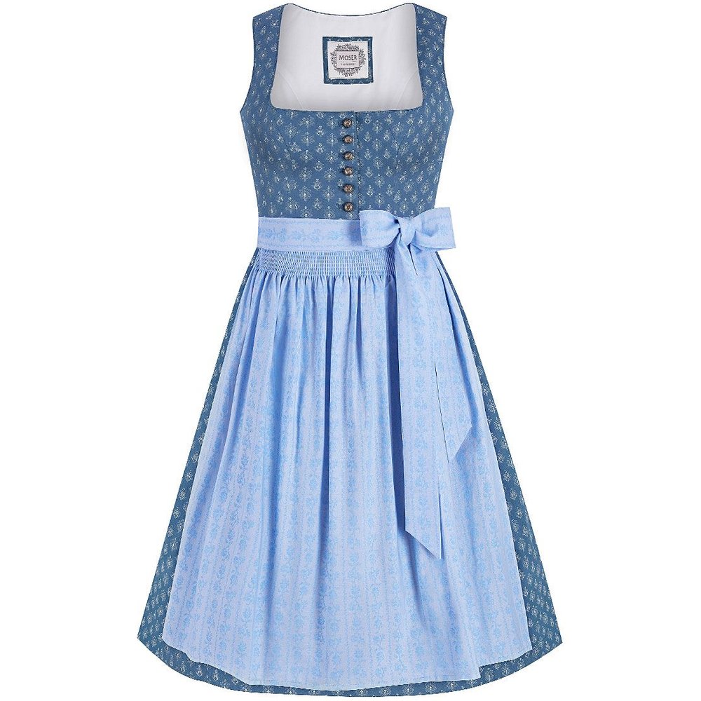 Blaues Midi Dirndl Hilda von MOSER mit floraler Schürze für Volksfeste