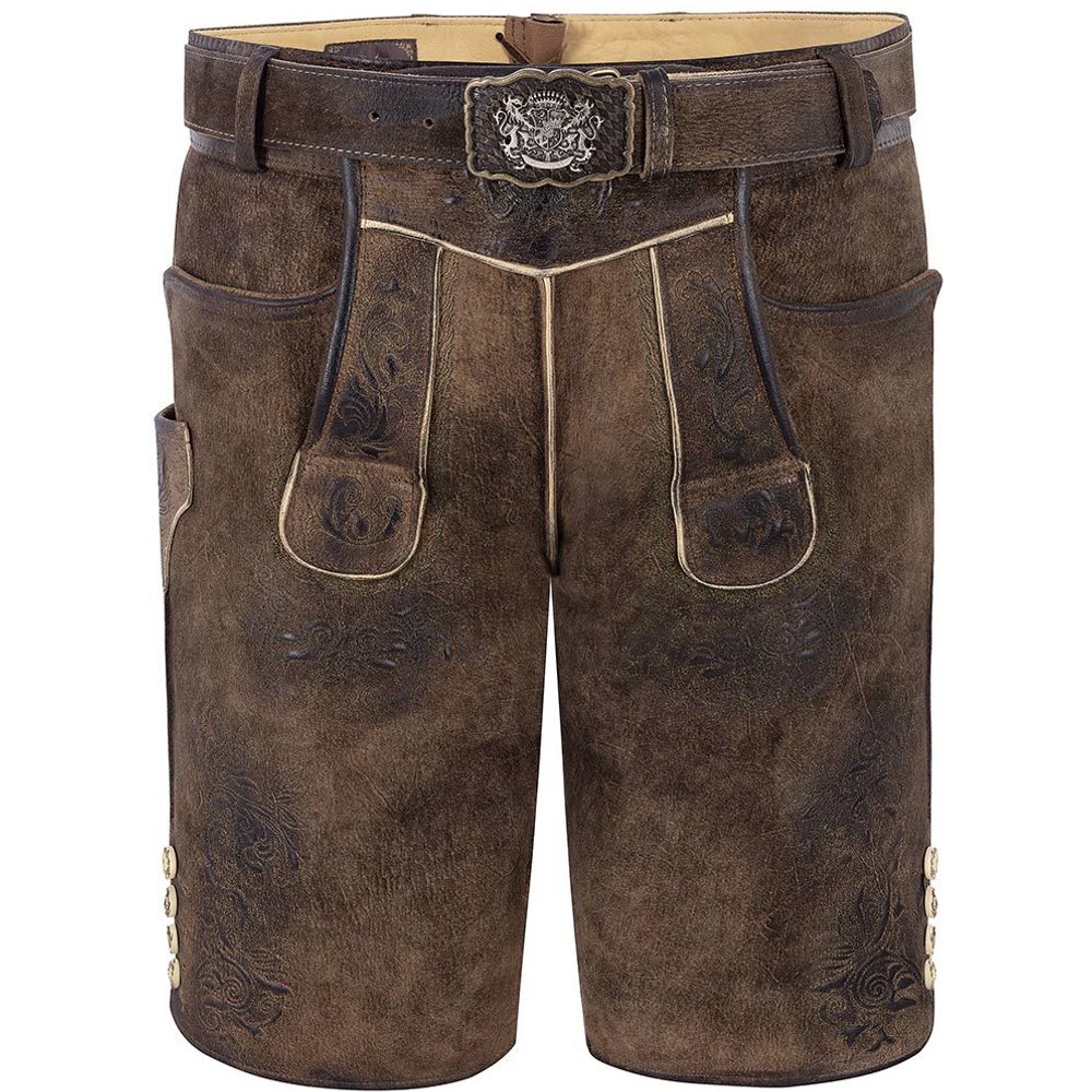 Braune kurze Lederhose Saalbach mit grüner Stickerei von MOSER Trachten für das Volksfest