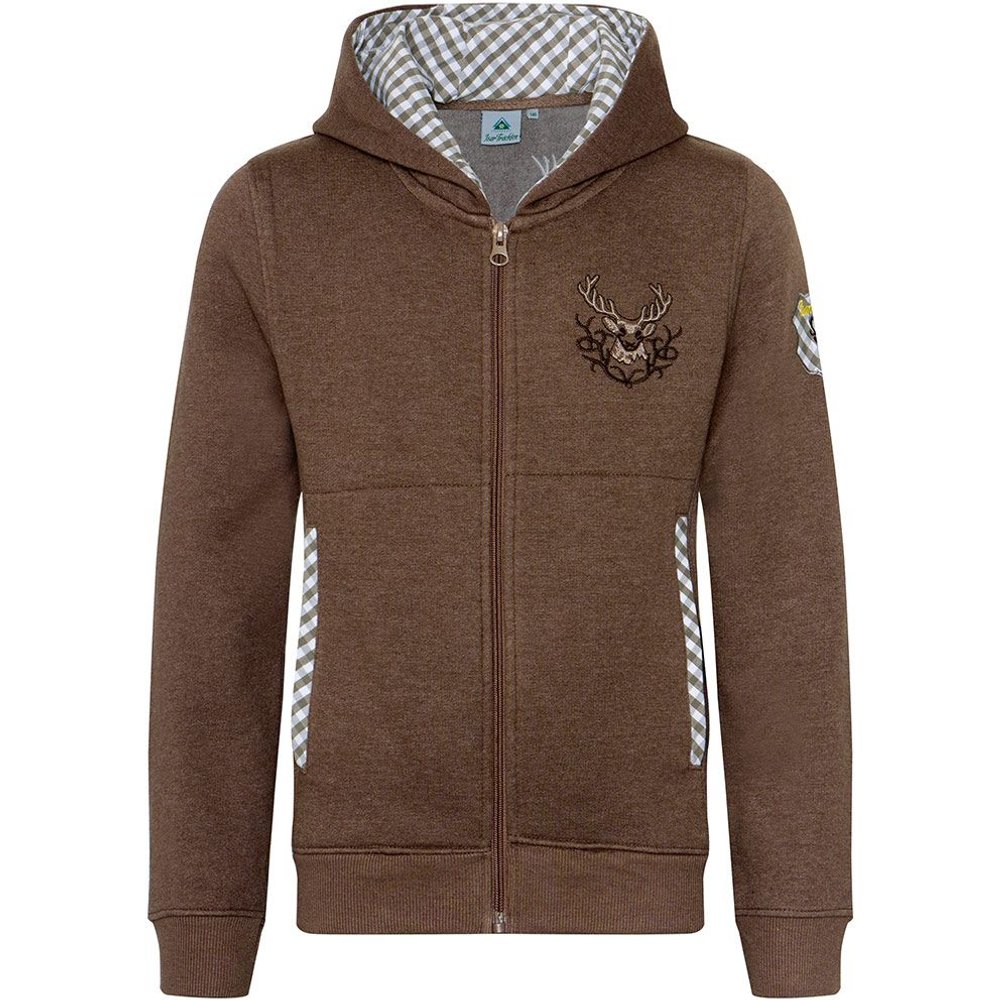 Braune Kapuzen-Sweatjacke Ben mit Hirschstickerei von MOSER Trachten für das Volksfest