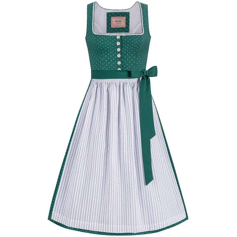 Dunkelgrünes Baumwolldirndl Melinda von MOSER Trachten mit weißer Schürze beim Volksfest