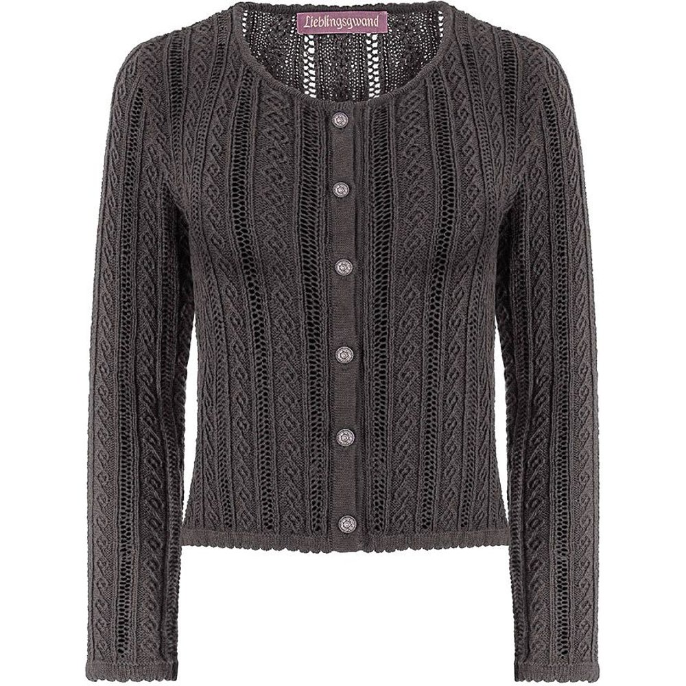 Graue Damen Trachten Strickjacke mit Lochstrickmuster von MOSER für traditionelle Feste