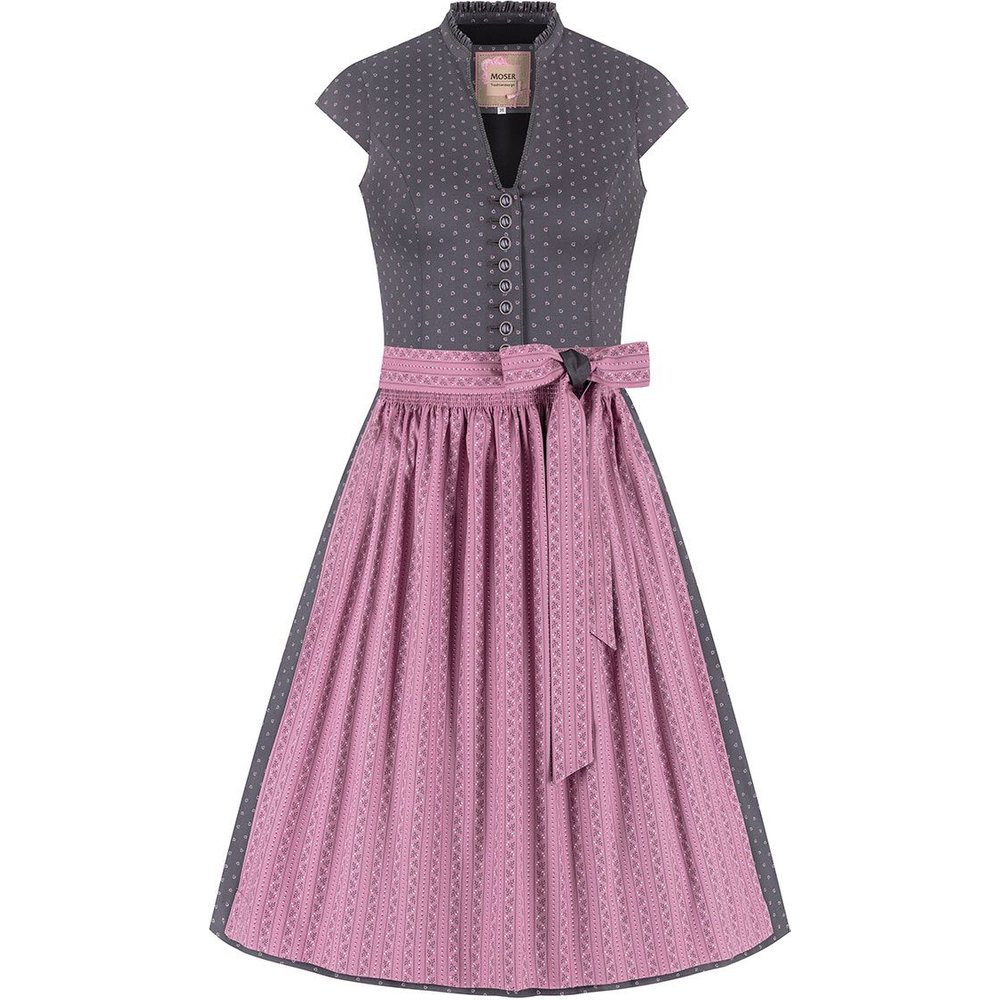 Midi Dirndl Paula in Grau mit altrosa Schürze von MOSER Trachten für festliche Anlässe