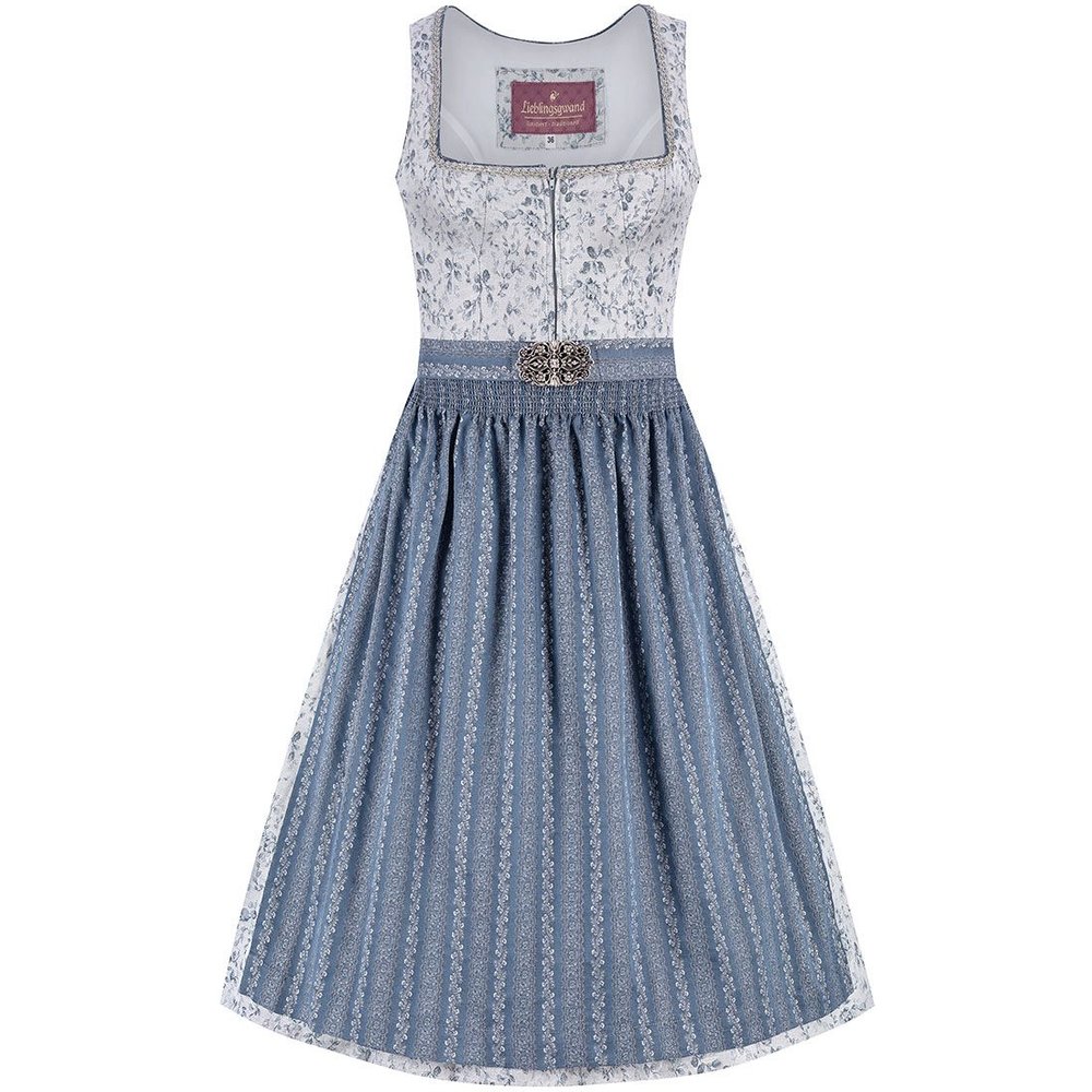 Graues Midi Dirndl Emilia von MOSER Trachten mit floraler Schürze für Volksfeste