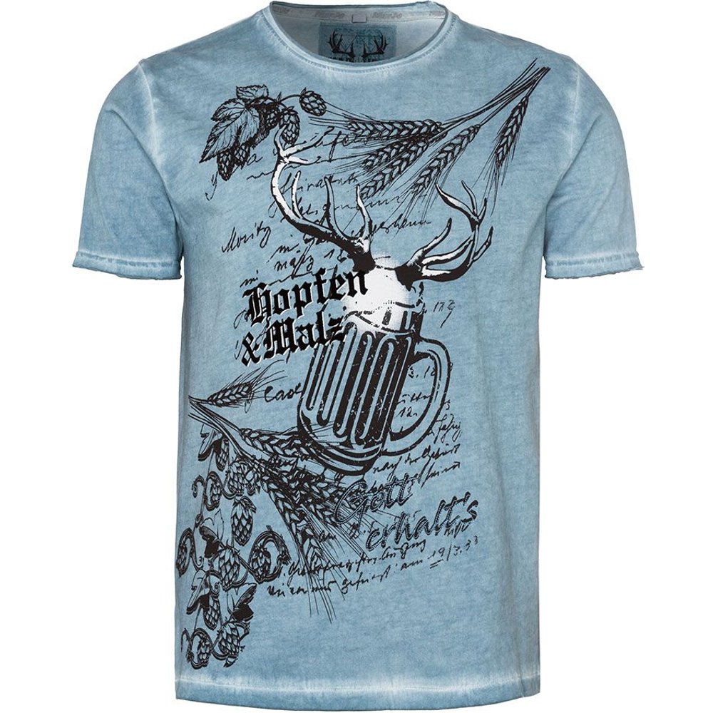 Hellblaues MOSER Trachtenshirt Hopfen & Malz mit Used-Optik für Damen und Herren auf dem Volksfest