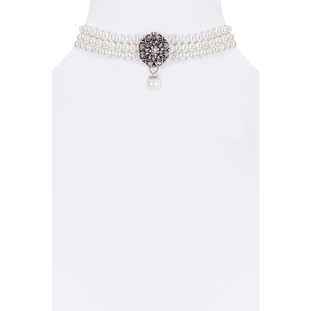 Cremesilbernes Perlenkropfband mit Brosche von MOSER als Trachtenschmuck für Damen