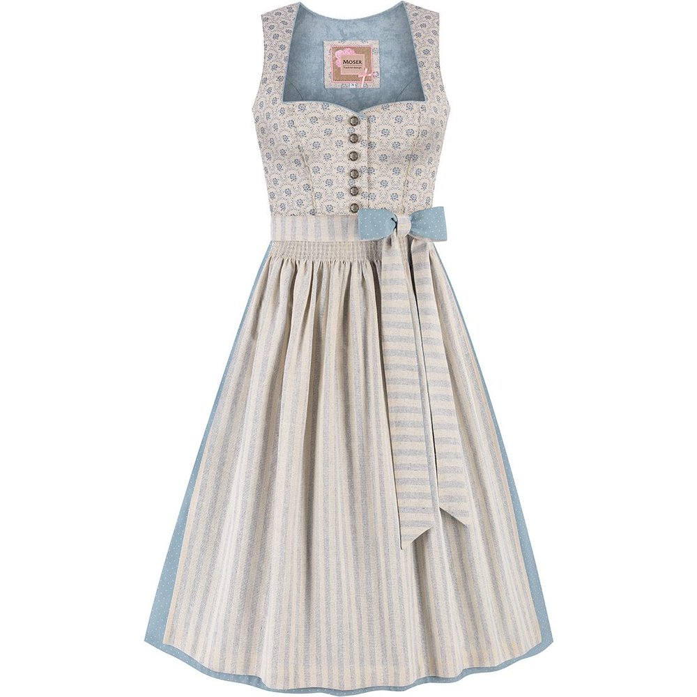 Midi Dirndl Melanie von MOSER in Natur und Blaugrau auf einem traditionellen Volksfest