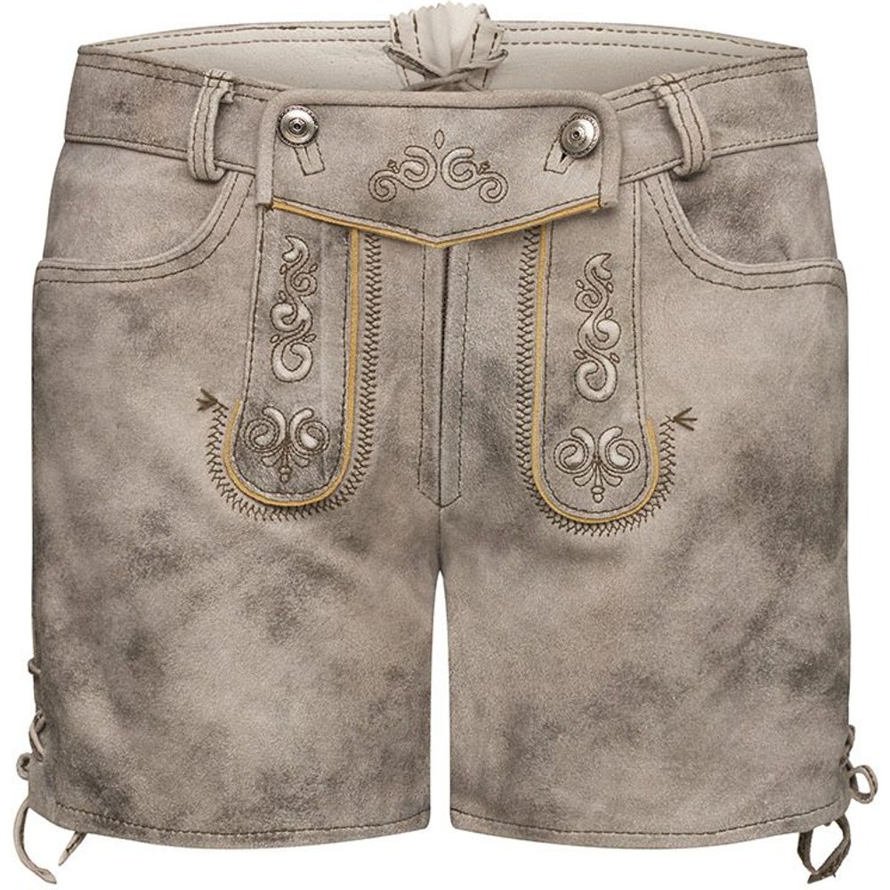 Steingraue kurze Lederhose Maria von MOSER Trachten aus Ziegen-Veloursleder auf einem Volksfest