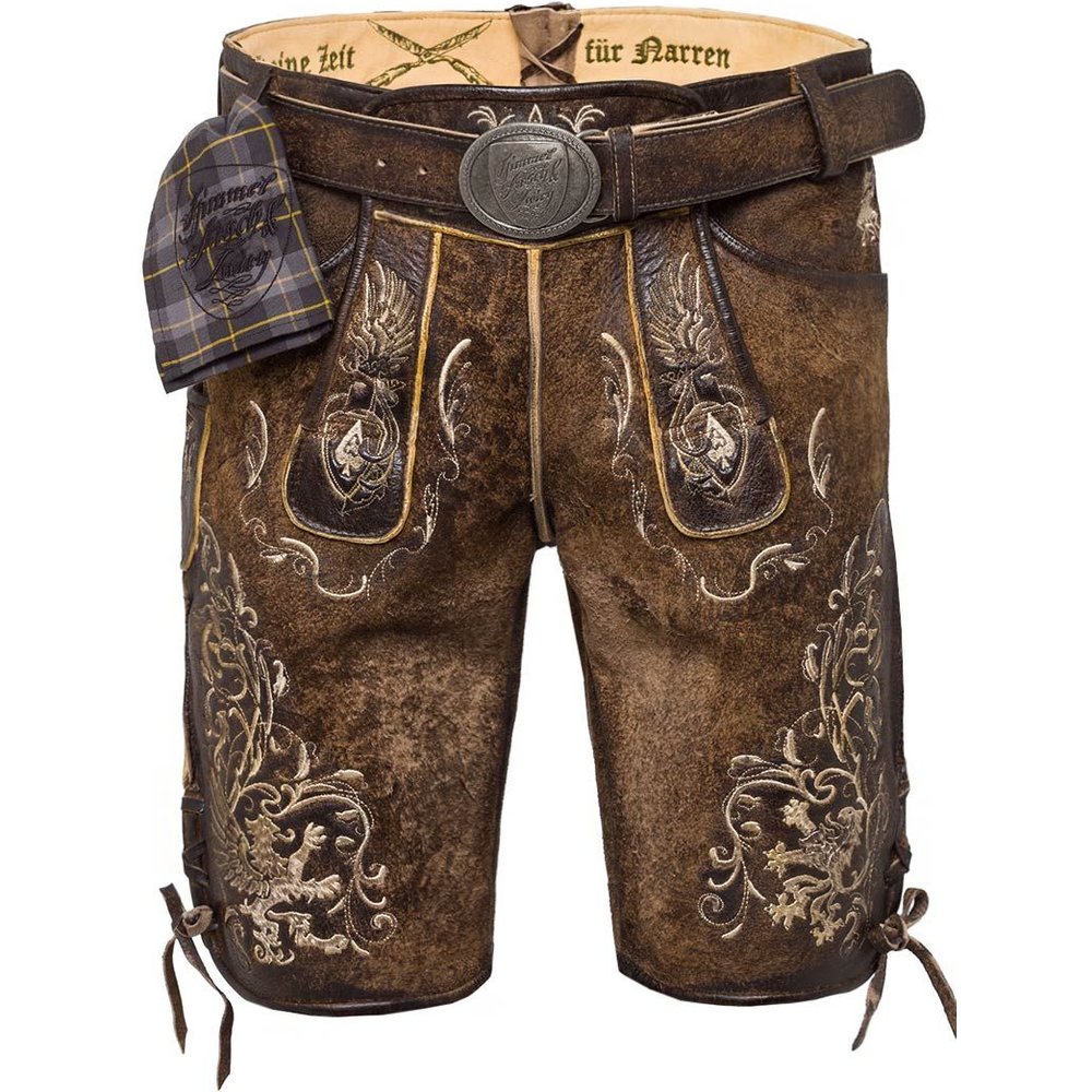 Lederhose Sonntag in tabak-rustikal mit Stickereien von MOSER für Volksfeste