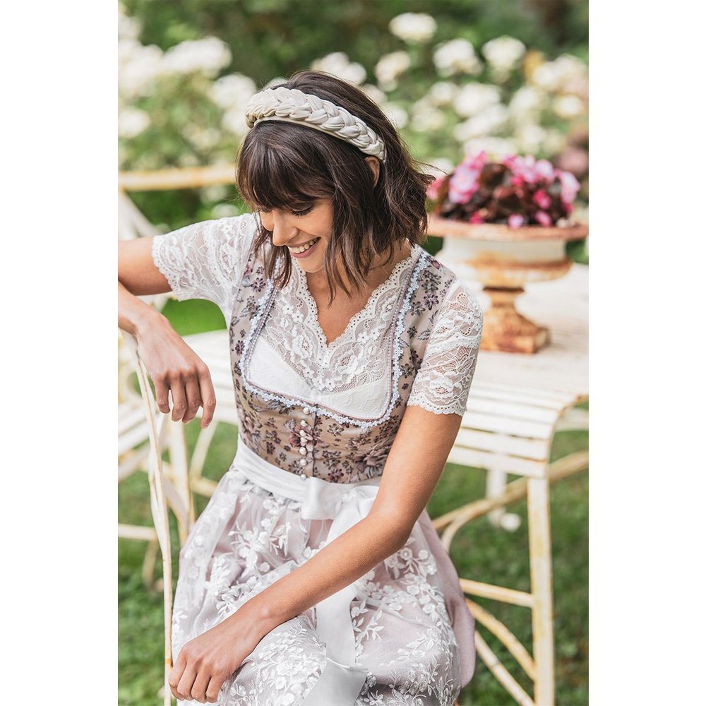 Midi Dirndl URSULA in Taupe und Creme von MOSER Trachten für traditionelle Volksfeste