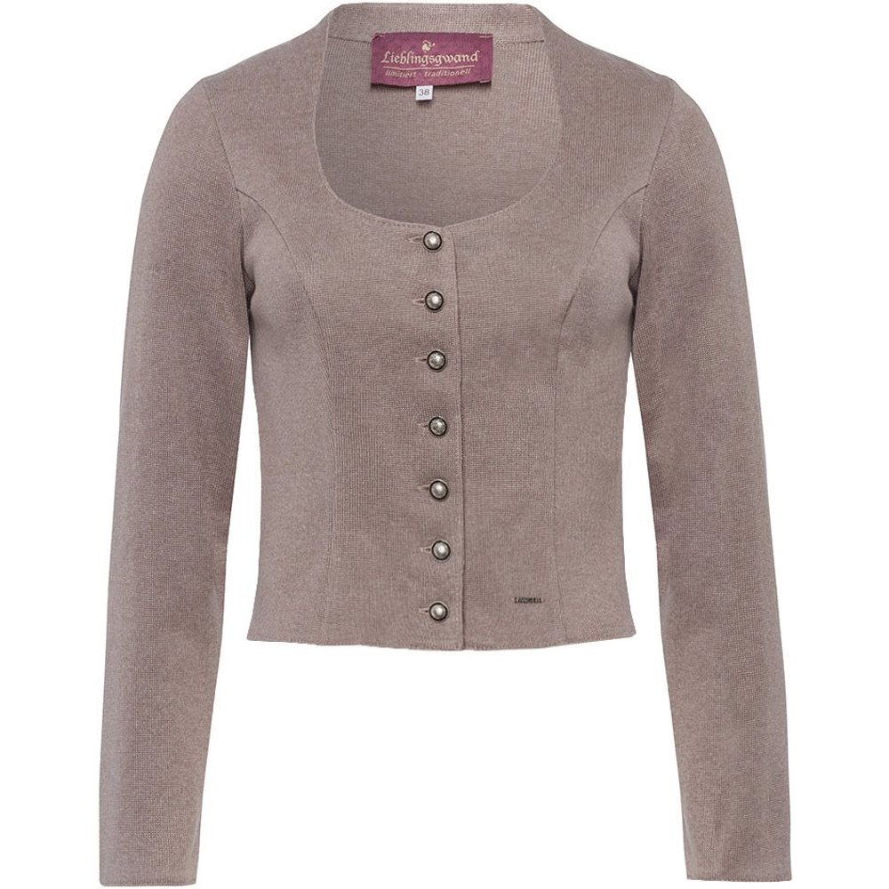 Taupefarbene Trachten Strickjacke mit Kugelknöpfen von MOSER für ein festliches Dirndl-Outfit