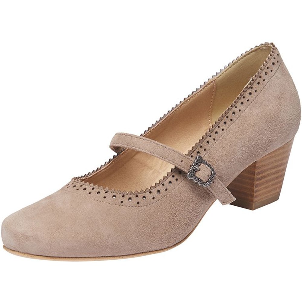 Taupefarbene Hirschkogel Pumps aus Veloursleder mit Riemchen für Damen beim Volksfest